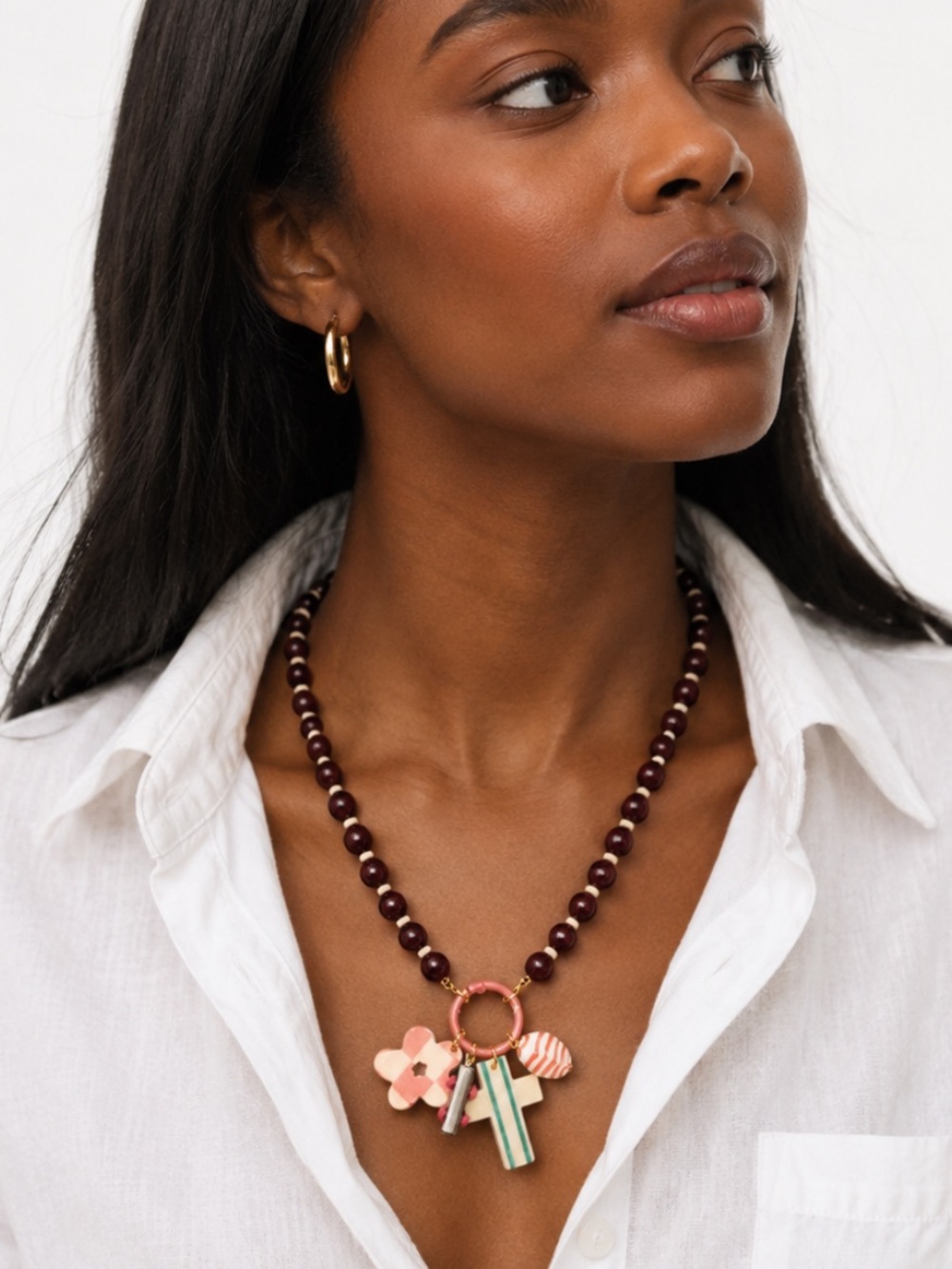 New! Coastal Boho Y2K Brown Beaded Cross Charm Necklace NWOT (4024)